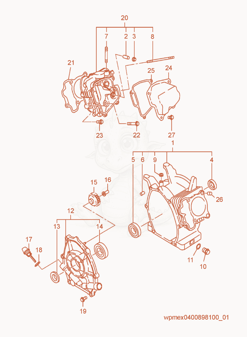 Exploded parts diagram of the Crankcase cpl. of a Wacker Neuson VP1135R-AU, with numbered balloons