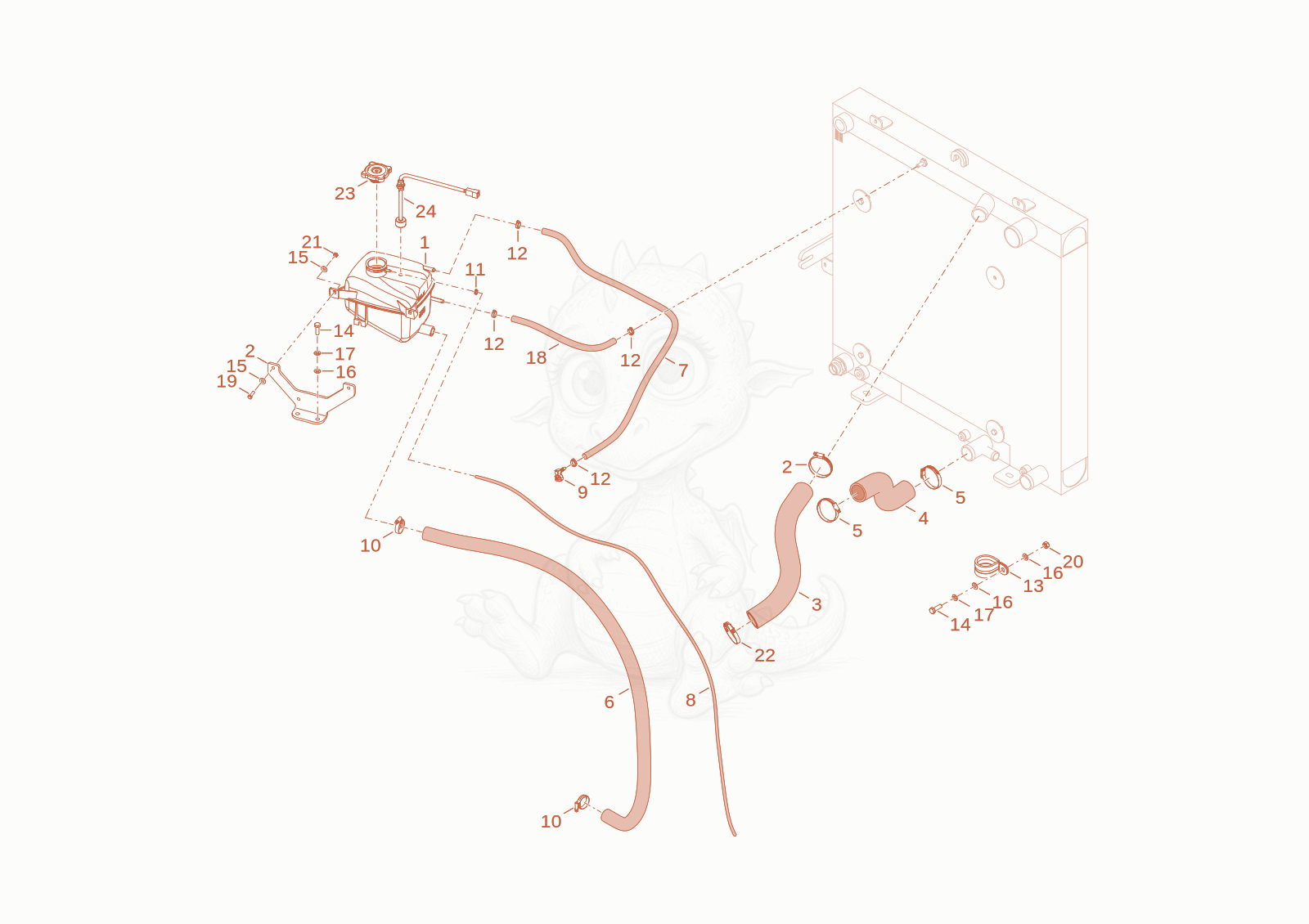 Exploded parts diagram of the Tubing cooler of a Wacker Neuson WL70T4F, with numbered balloons