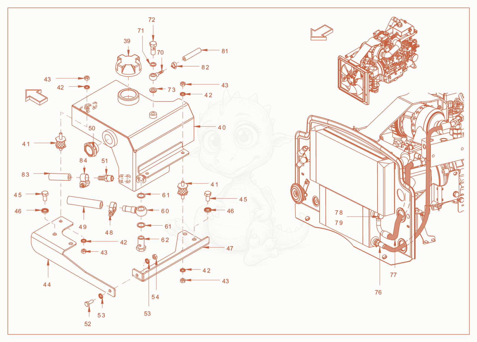 Exploded parts diagram of the cooling (engine/hydraulic oil) of a Wacker Neuson RD24-100OUS, with numbered balloons