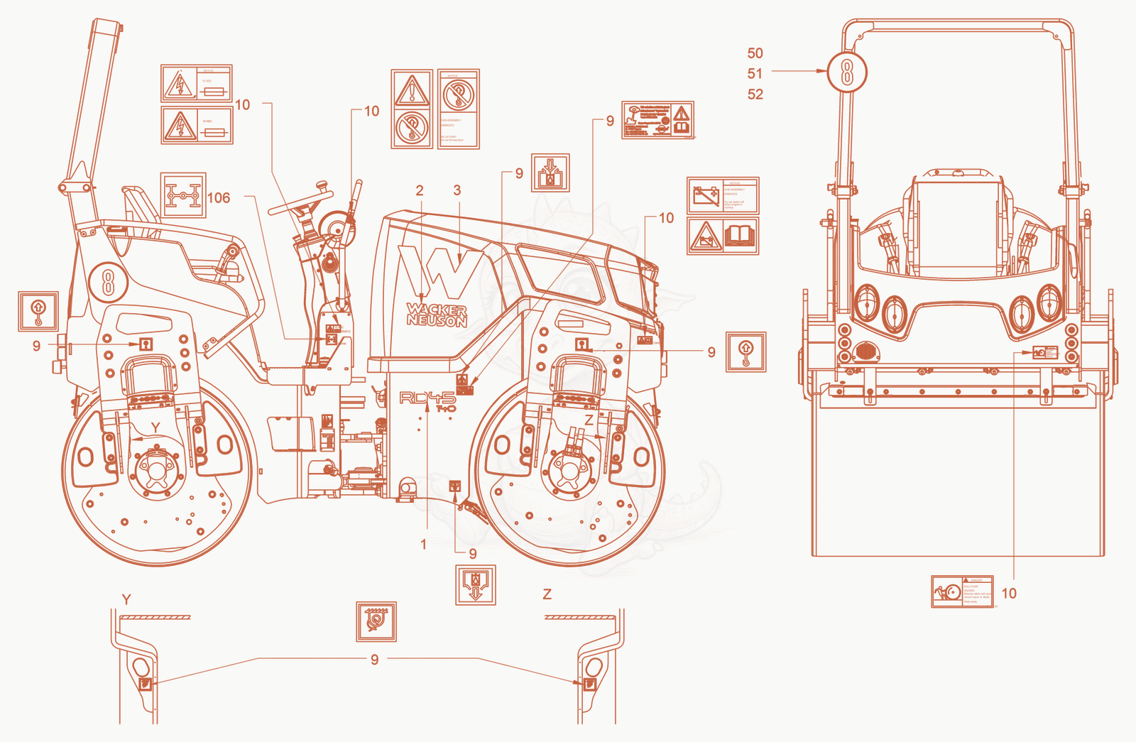 Exploded parts diagram of the sticker arrangement of a Wacker Neuson RD45-140.3, with numbered balloons