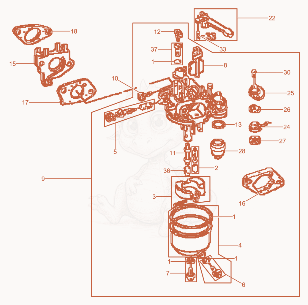 Despiece del Carburetor de una máquina Wacker Neuson BPU5045A, con globos numerados