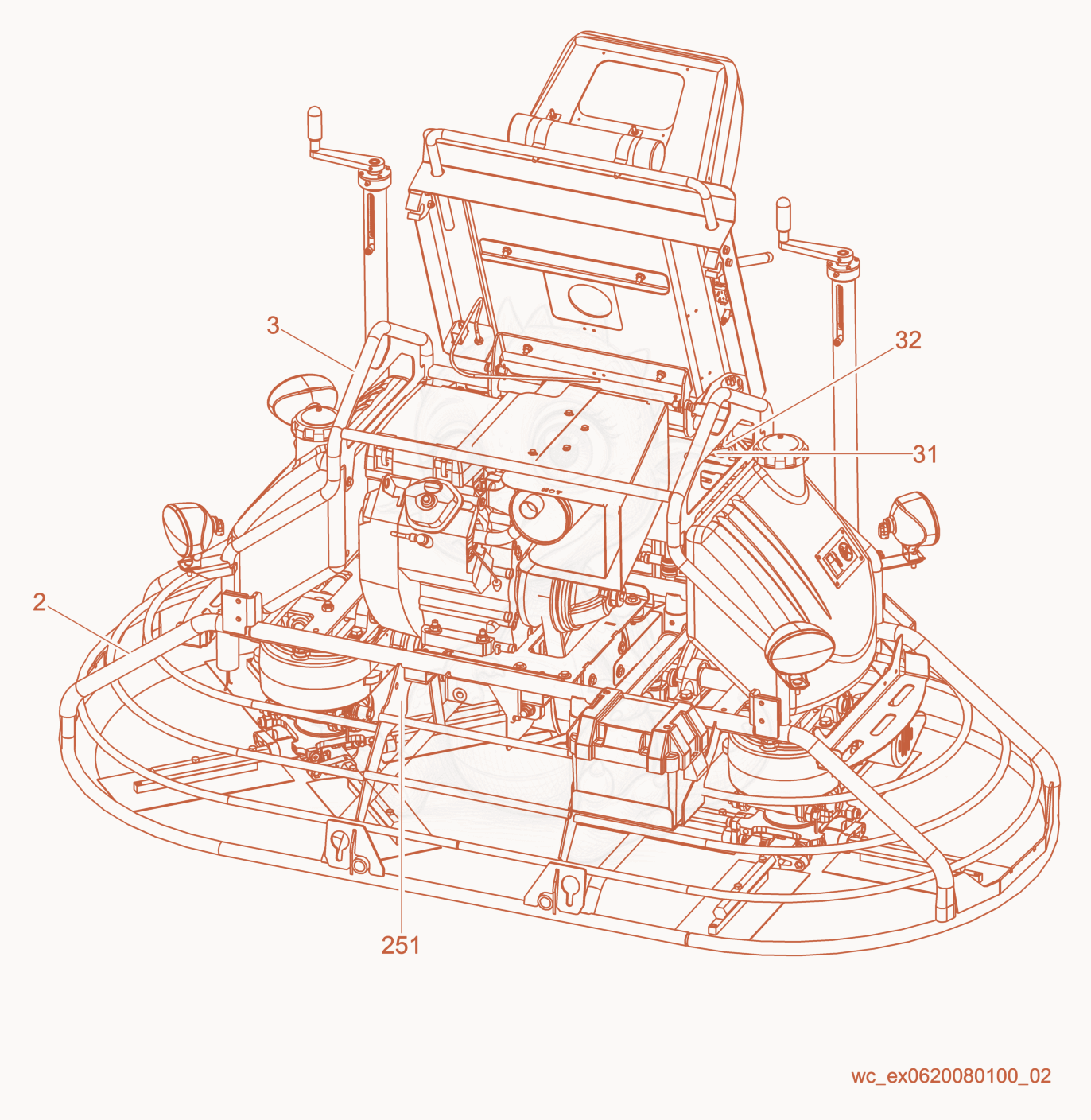 Exploded parts diagram of the Machine cpl./Back View of a Wacker Neuson CRT36-25, with numbered balloons