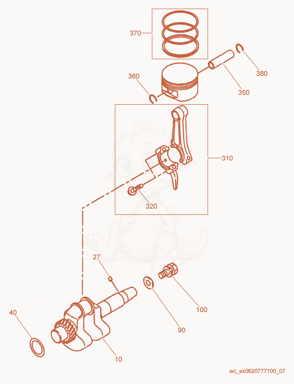Exploded parts diagram of the Piston/Crankshaft of a Wacker Neuson GPI1700, with numbered balloons
