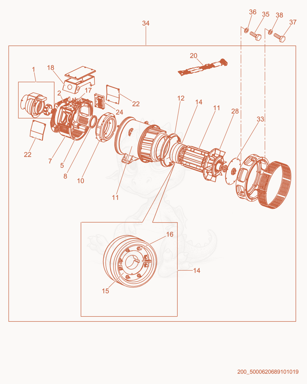 Despiece del Generator cpl. de una máquina Wacker Neuson G14, con globos numerados