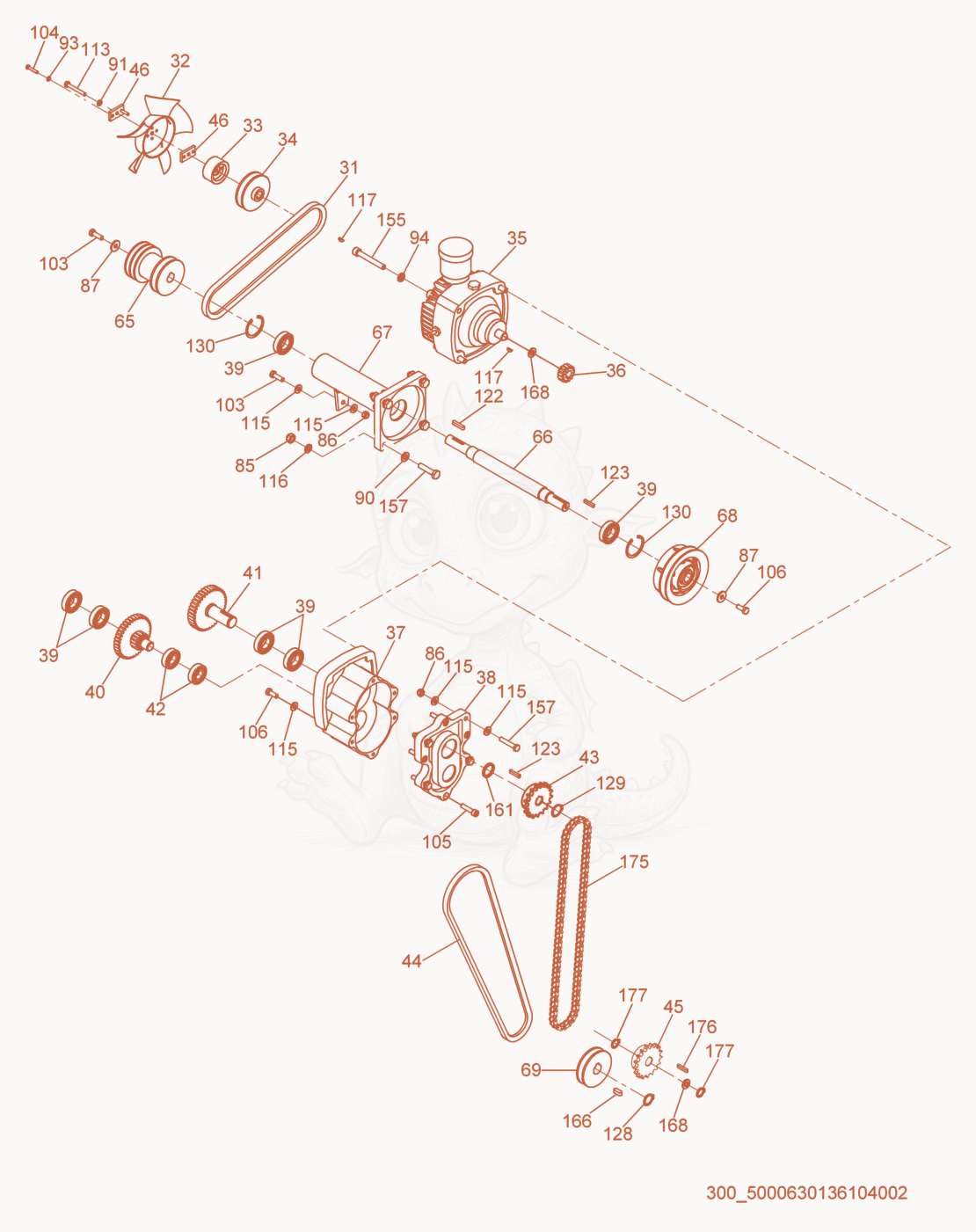 Exploded parts diagram of the Transmission cpl. of a Wacker Neuson RS600, with numbered balloons