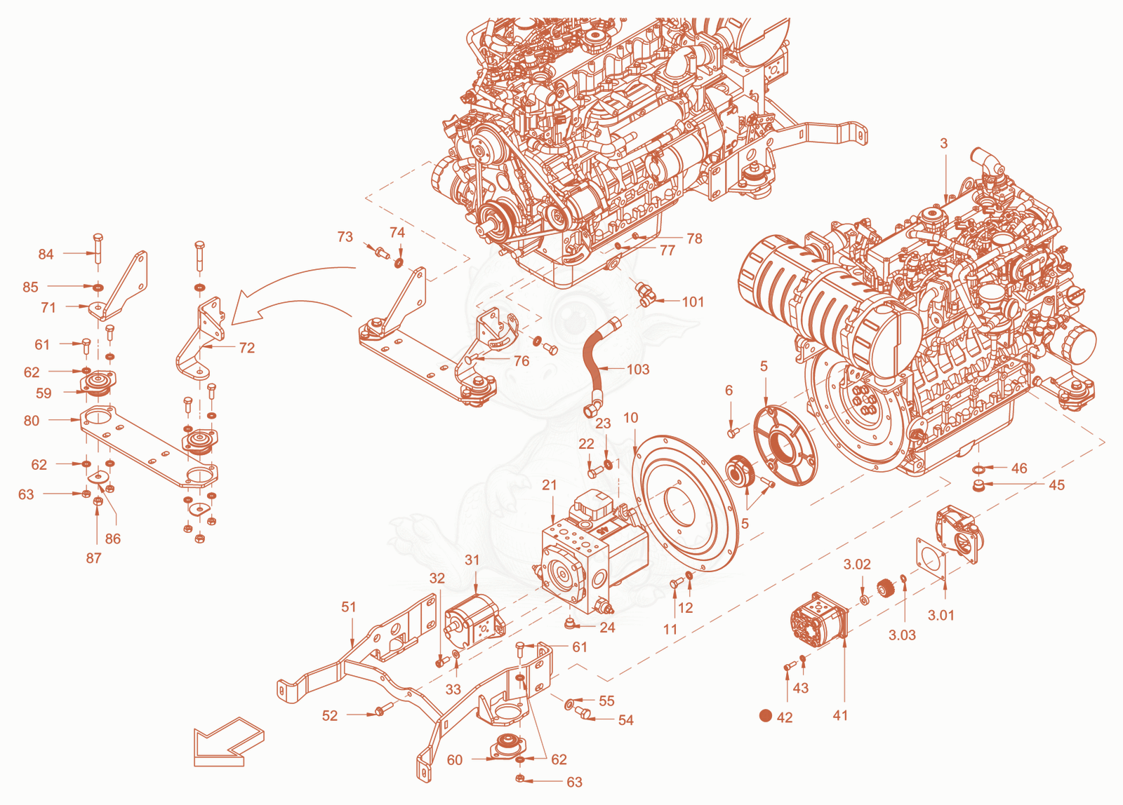 Exploded parts diagram of the pump drive and engine assembly of a Wacker Neuson RD45-140, with numbered balloons