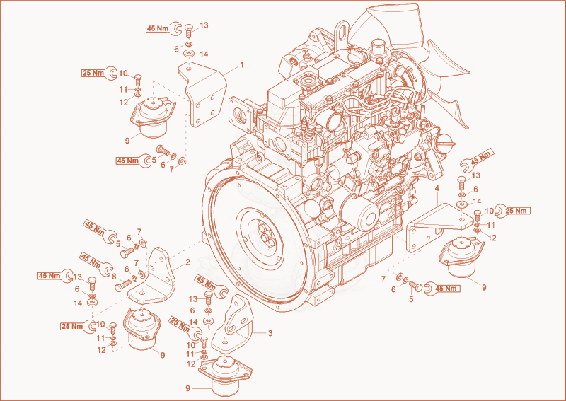 Despiece del Engine bedding de una máquina Wacker Neuson 28Z3, con globos numerados