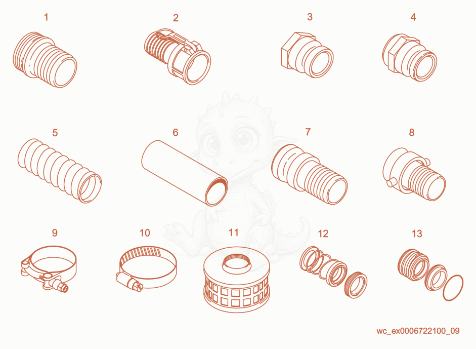 Despiece del Accessories de una máquina Wacker Neuson PT2B, con globos numerados