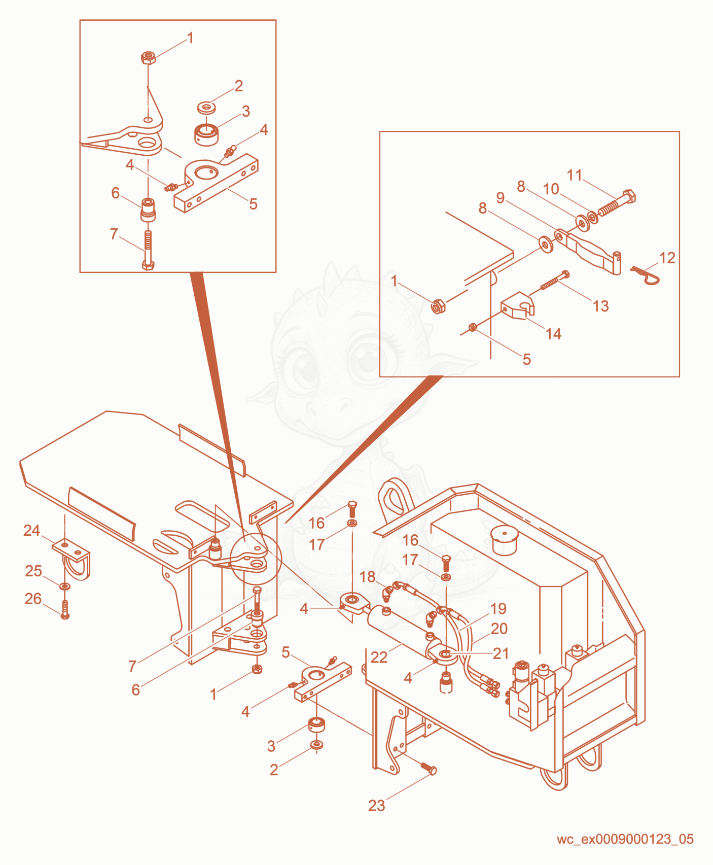Exploded parts diagram of the Articulated Steering Joint/Steering Cylinder of a Wacker Neuson RT560, with numbered balloons