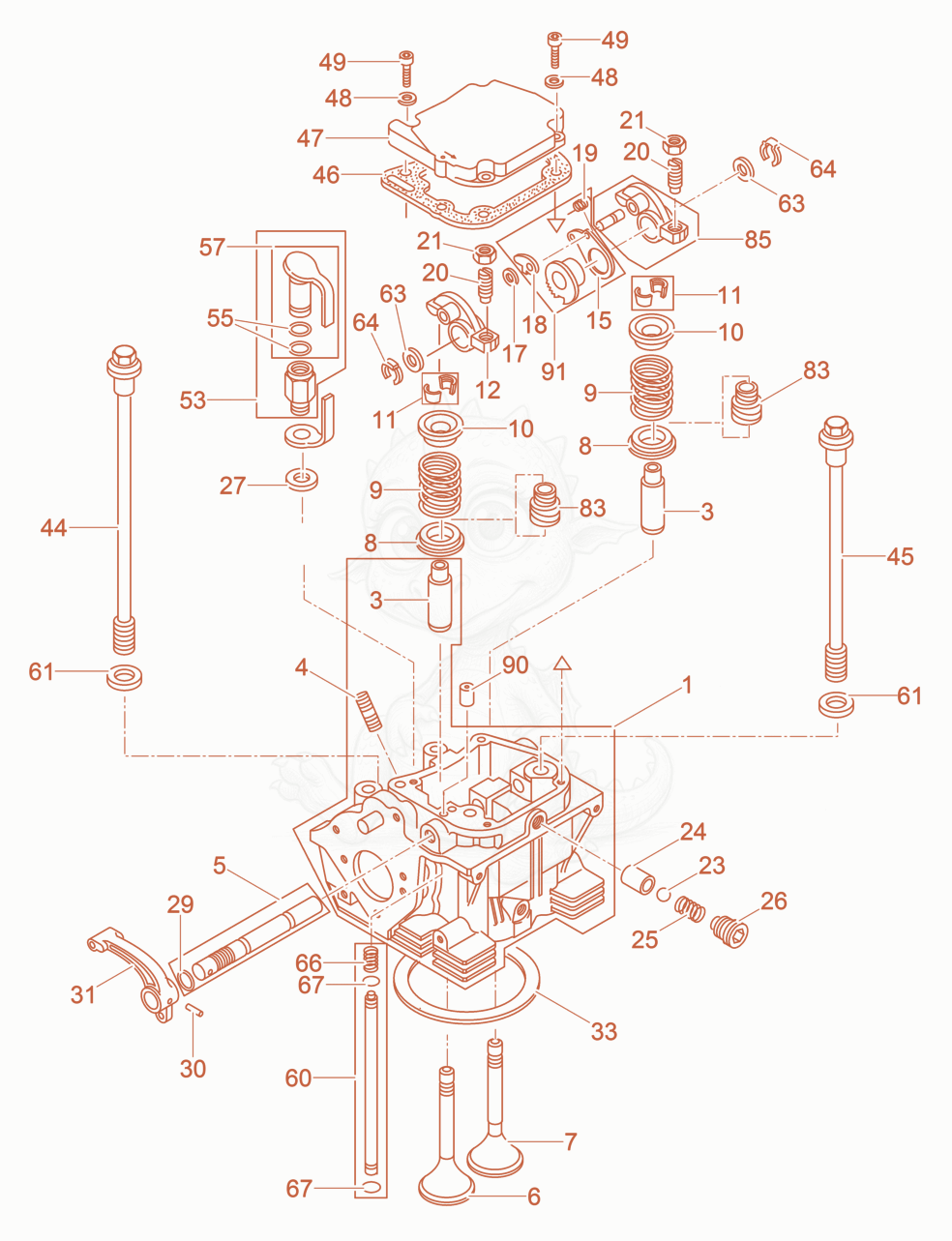 Exploded parts diagram of the Cylinder head of a Wacker Neuson DPU4545HEHUS, with numbered balloons