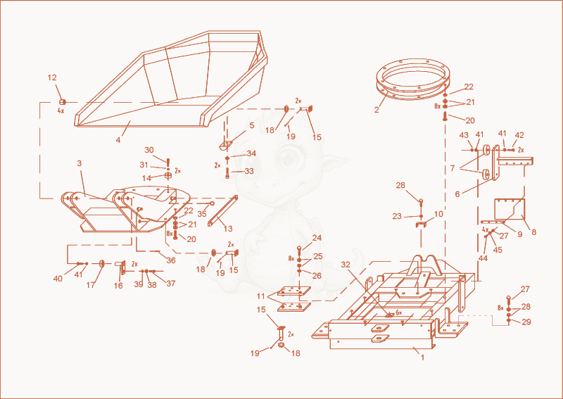 Exploded parts diagram of the front part of a Wacker Neuson 2300/4002, with numbered balloons