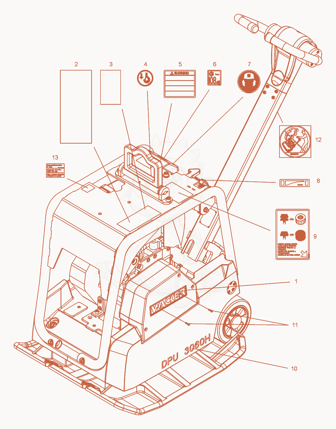 Exploded parts diagram of the Labels of a Wacker Neuson DPU3060H, with numbered balloons