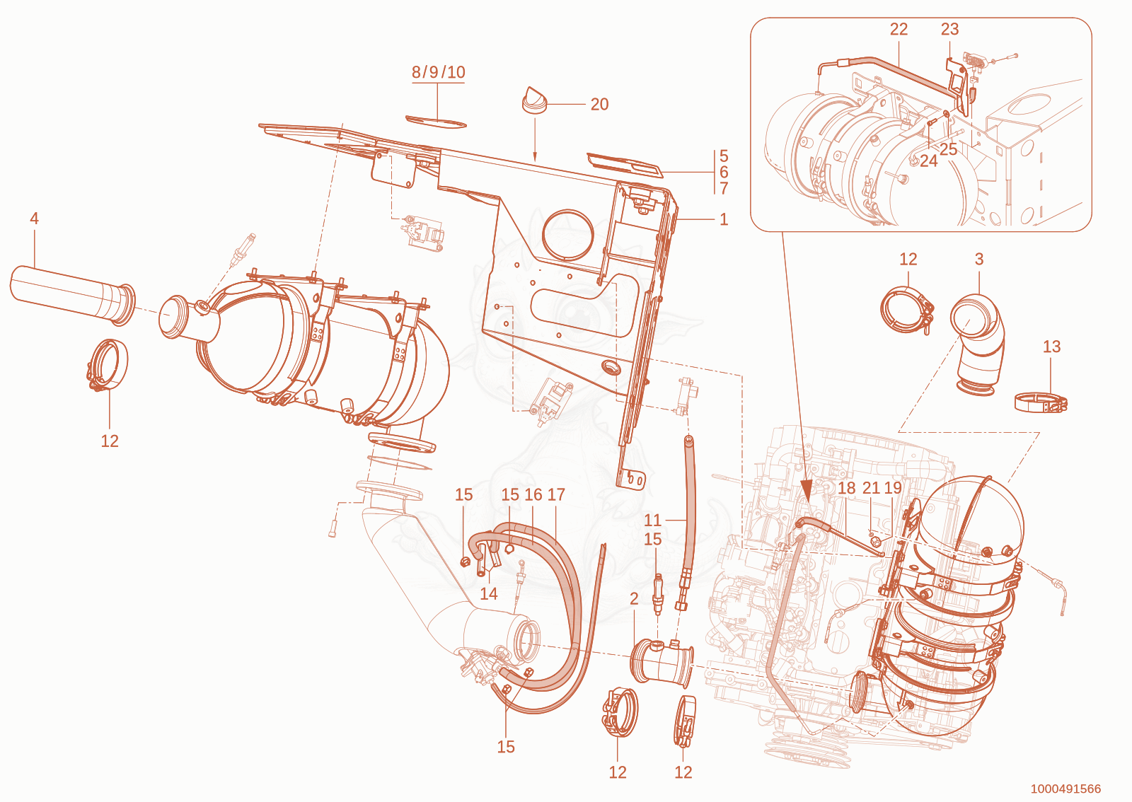 Exploded parts diagram of the exhaust system of a Wacker Neuson TH955(416-36), with numbered balloons