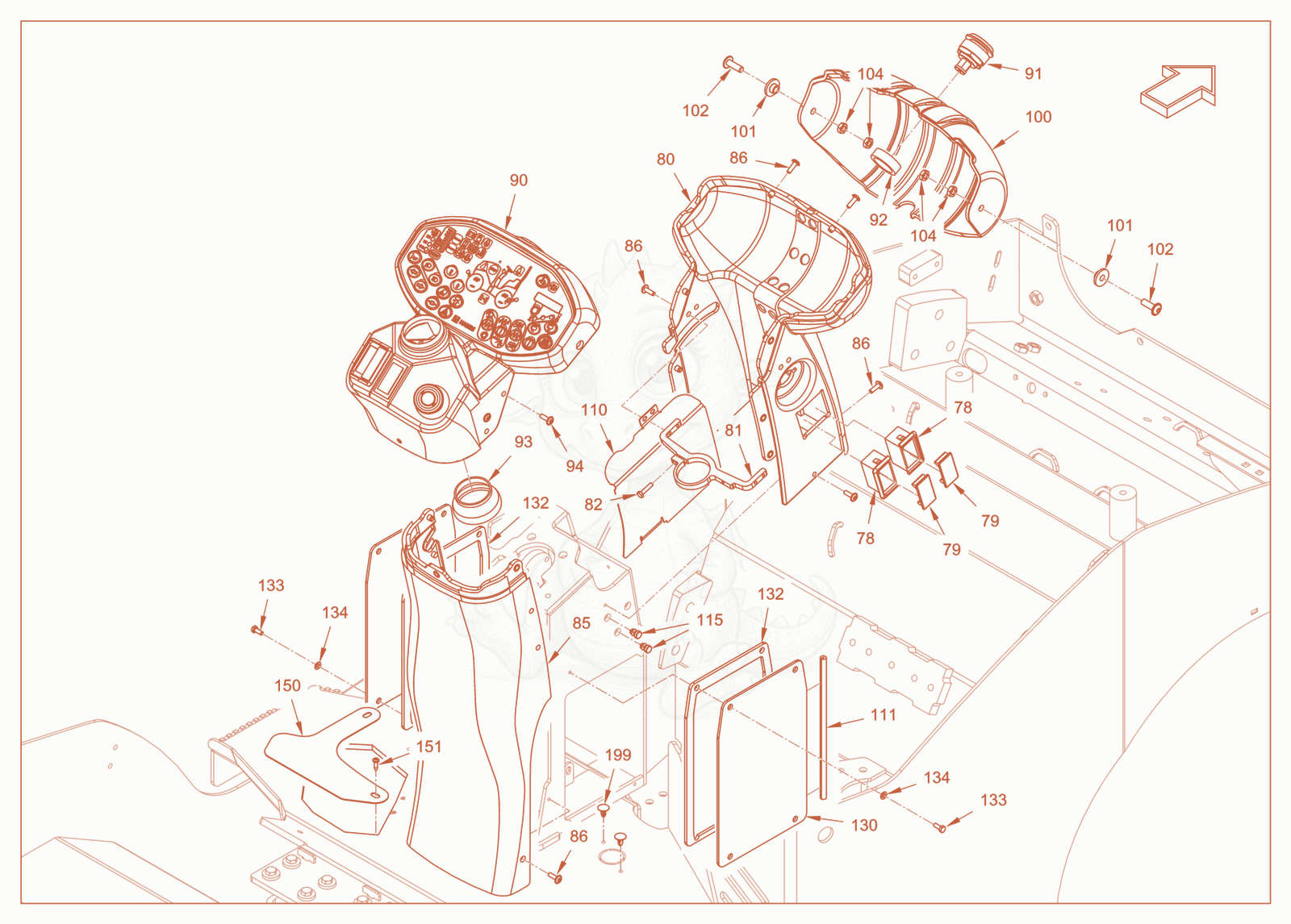 Exploded parts diagram of the canopies and covers of a Wacker Neuson RD18-100C, with numbered balloons