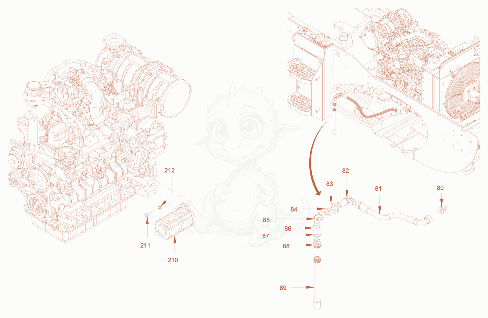 Exploded parts diagram of the pump drive and engine assembly of a Wacker Neuson RC70PUS, with numbered balloons