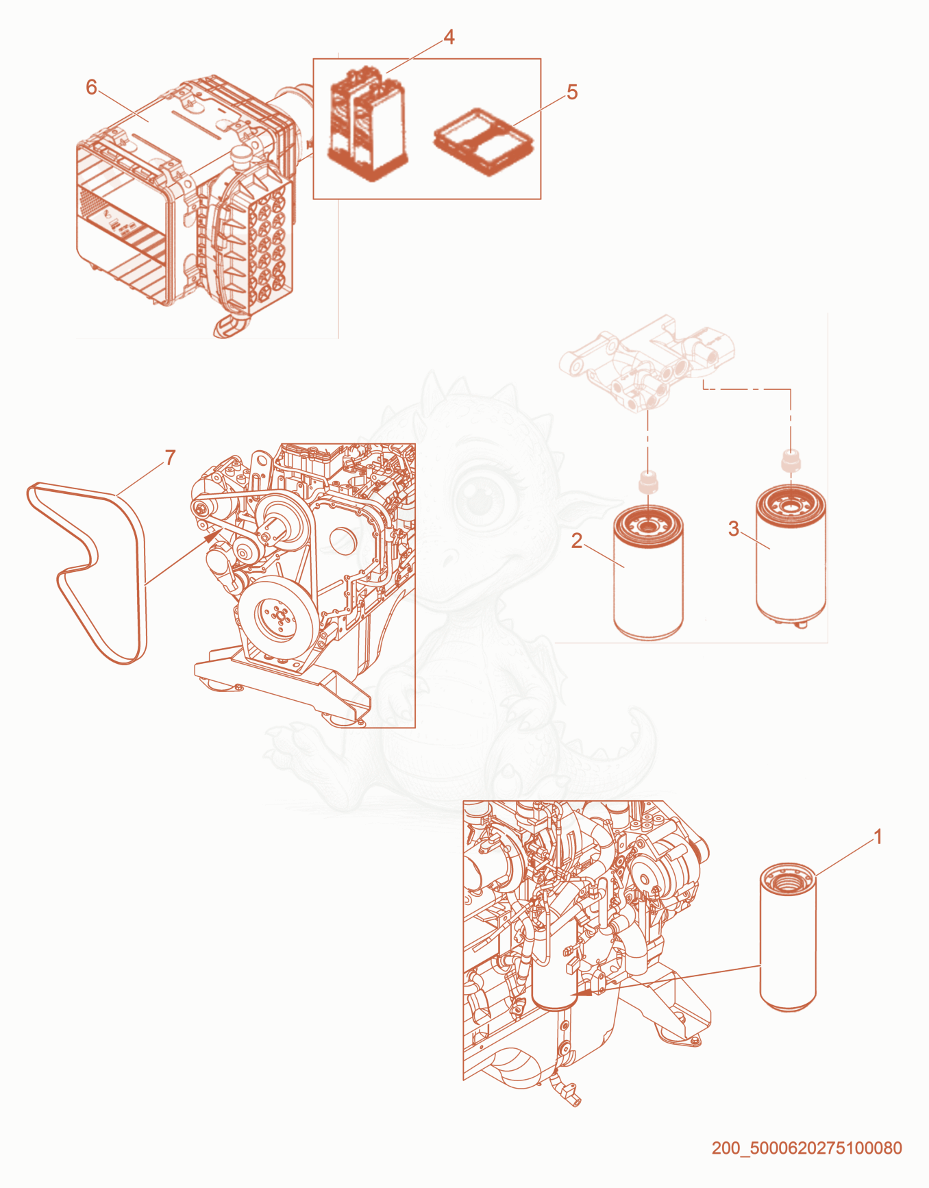 Exploded parts diagram of the Engine Service Parts of a Wacker Neuson G320, with numbered balloons