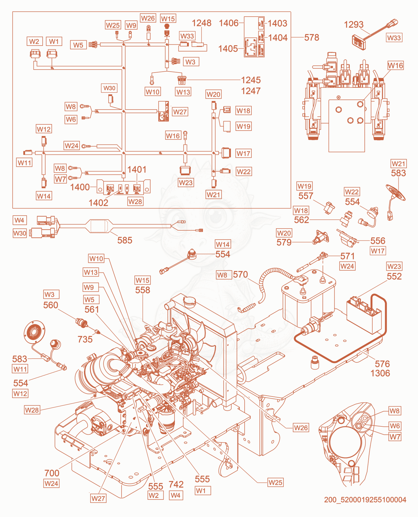 Exploded parts diagram of the Electric Equipment/Wiring of a Wacker Neuson RTK82-SC3, with numbered balloons