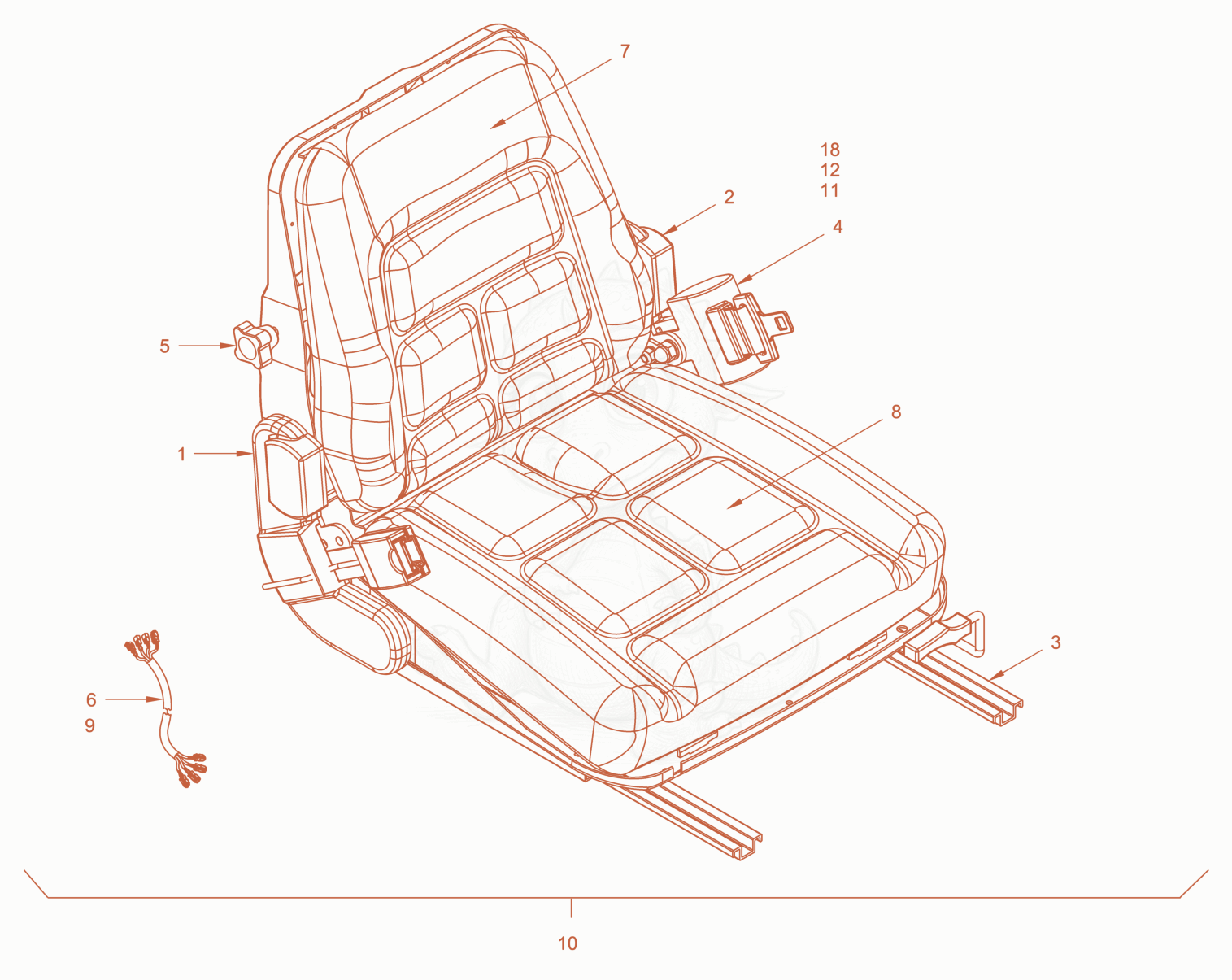 Exploded parts diagram of the operator's seat with adjustmen of a Wacker Neuson RD28-120DPF, with numbered balloons