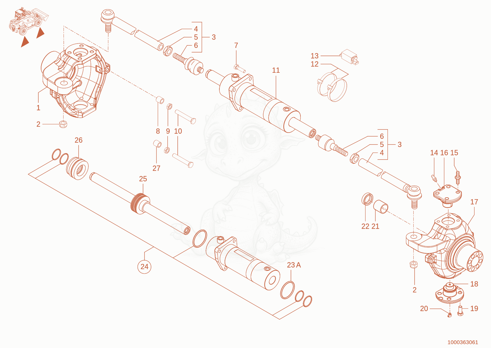 Exploded parts diagram of the steering cylinder of a Wacker Neuson TH745(416-32), with numbered balloons