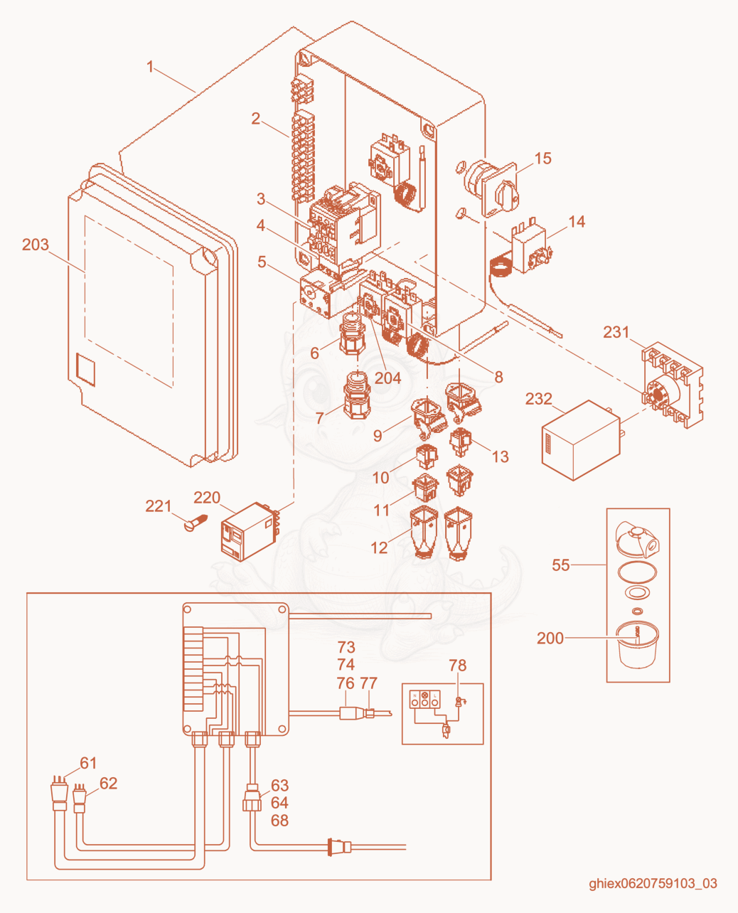 Exploded parts diagram of the Control Box cpl. of a Wacker Neuson CUB700GM, with numbered balloons