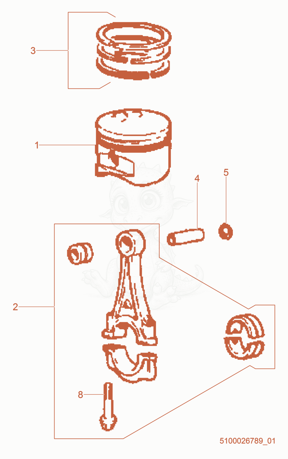 Exploded parts diagram of the Piston/Connecting Rod of a Wacker Neuson LTN6LE, with numbered balloons