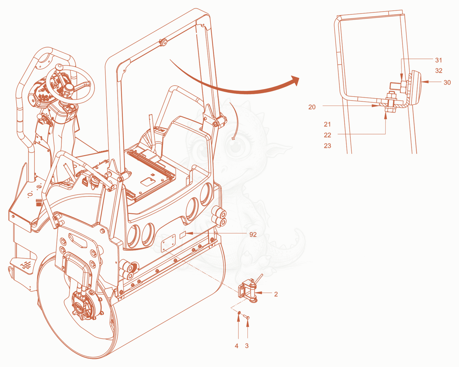 Exploded parts diagram of the trailer coupling of a Wacker Neuson RD28-120DPF, with numbered balloons