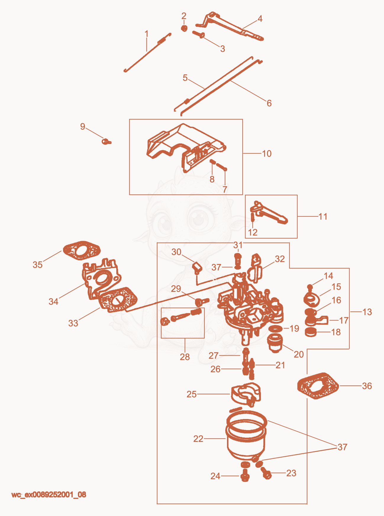 Exploded parts diagram of the Carburetor/Governor of a Wacker Neuson GS5.6A, with numbered balloons