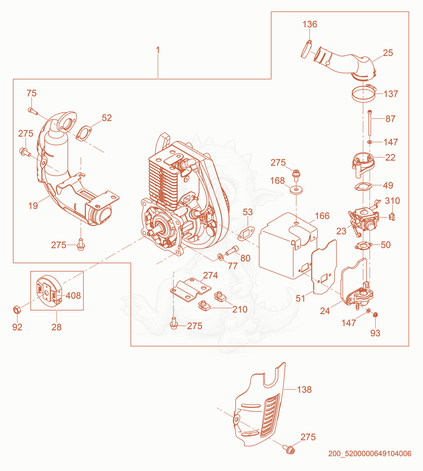 Exploded parts diagram of the Engine cpl. of a Wacker Neuson BS70-2I, with numbered balloons
