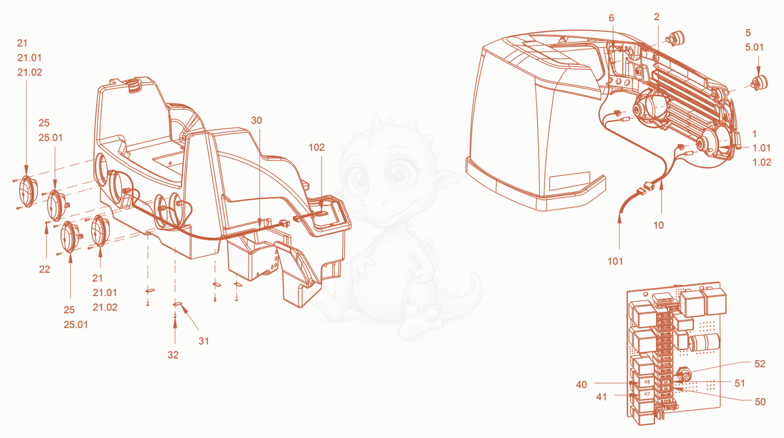 Exploded parts diagram of the electrical system (with lighting) of a Wacker Neuson RD18-80SE, with numbered balloons