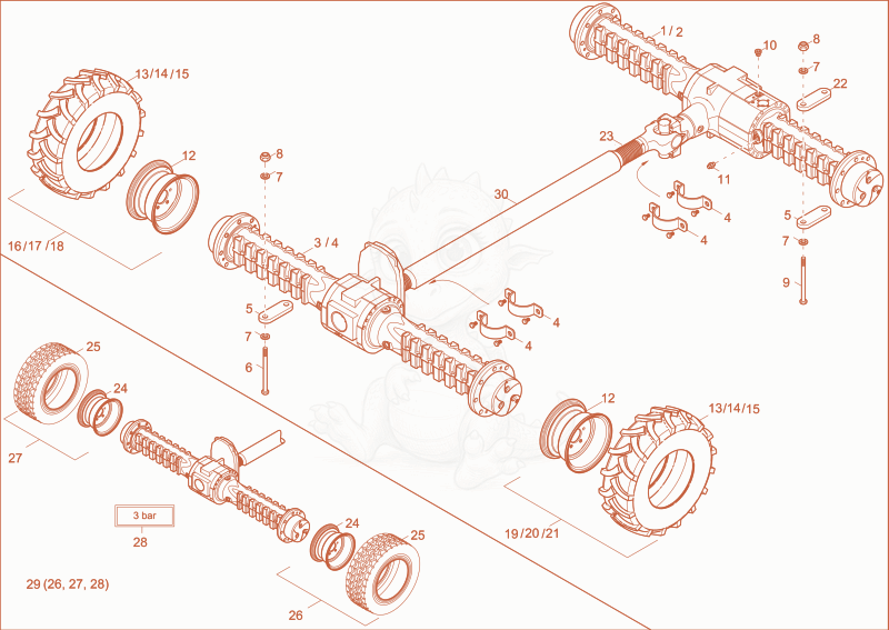 Despiece del undercarriage de una máquina Wacker Neuson 3001, con globos numerados