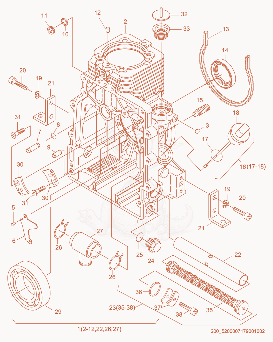 Exploded parts diagram of the Crankcase of a Wacker Neuson HSH350, with numbered balloons