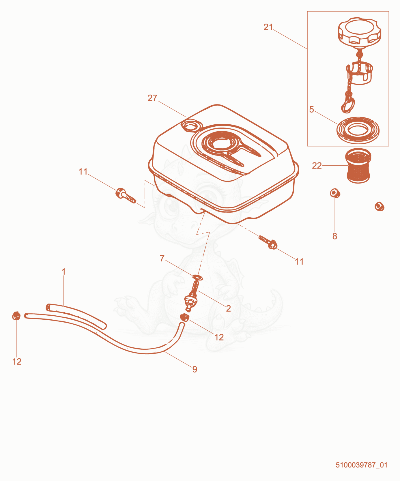 Exploded parts diagram of the Fuel Tank cpl. of a Wacker Neuson PT3A, with numbered balloons