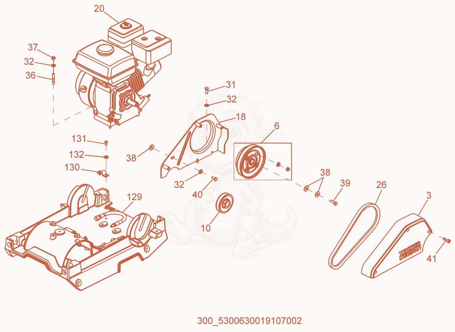 Exploded parts diagram of the Beltguard/Clutch of a Wacker Neuson WP2050W, with numbered balloons