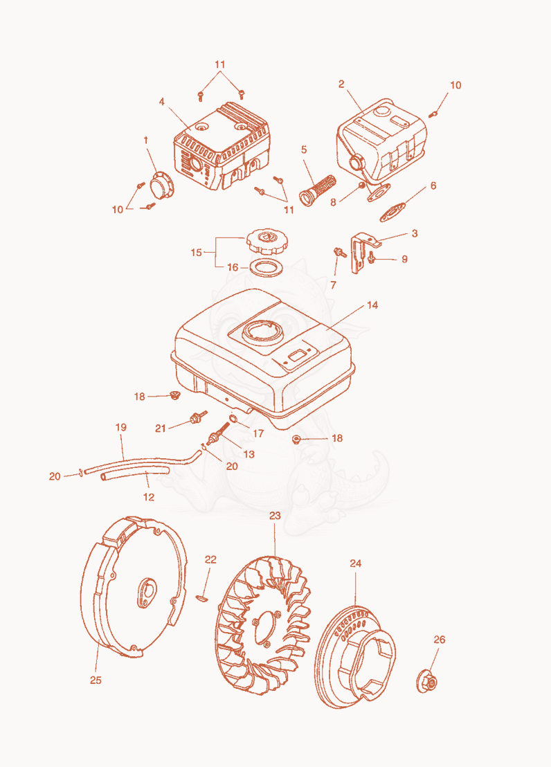 Exploded parts diagram of the Muffler-Tank-Fly Wheel of a Wacker Neuson A5000, with numbered balloons