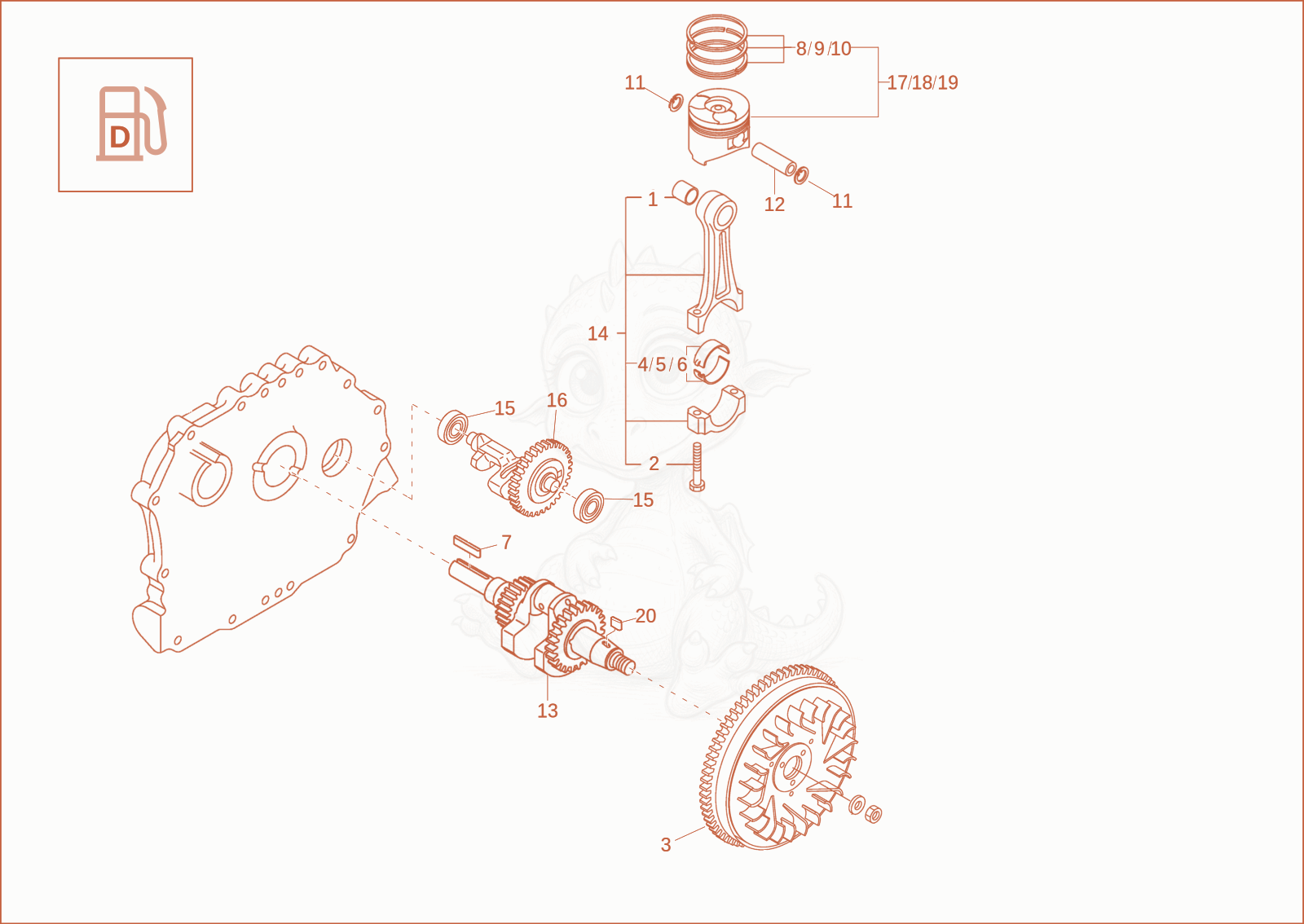 Exploded parts diagram of the crankshaft, piston of a Wacker Neuson DT08, with numbered balloons