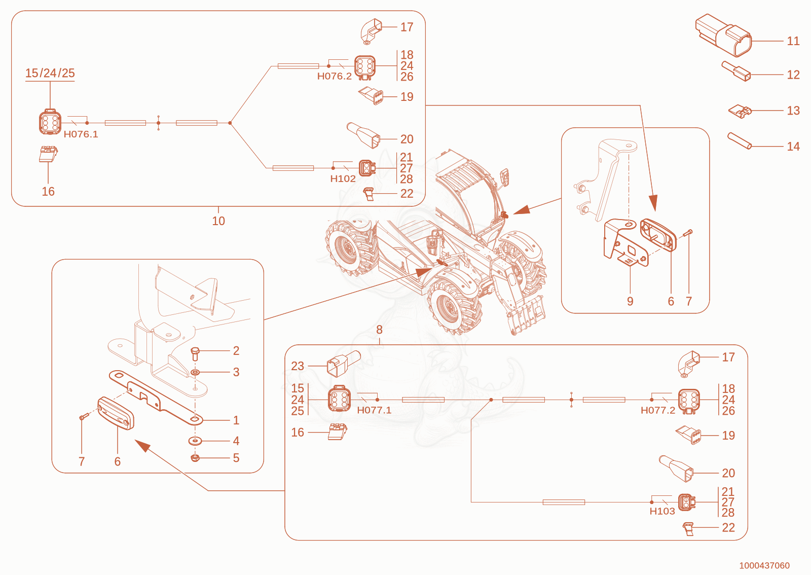 Exploded parts diagram of the sidelightt LED of a Wacker Neuson TH755(416-24), with numbered balloons