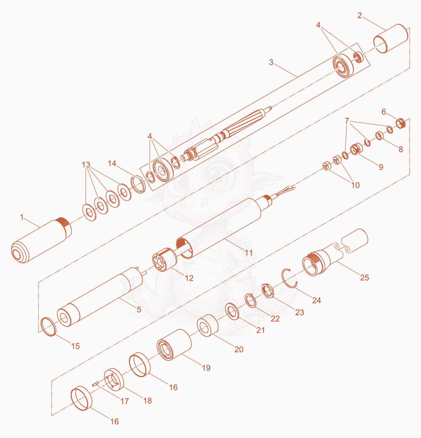 Exploded parts diagram of the Internal Vibrator cpl. of a Wacker Neuson IREN57ST3, with numbered balloons