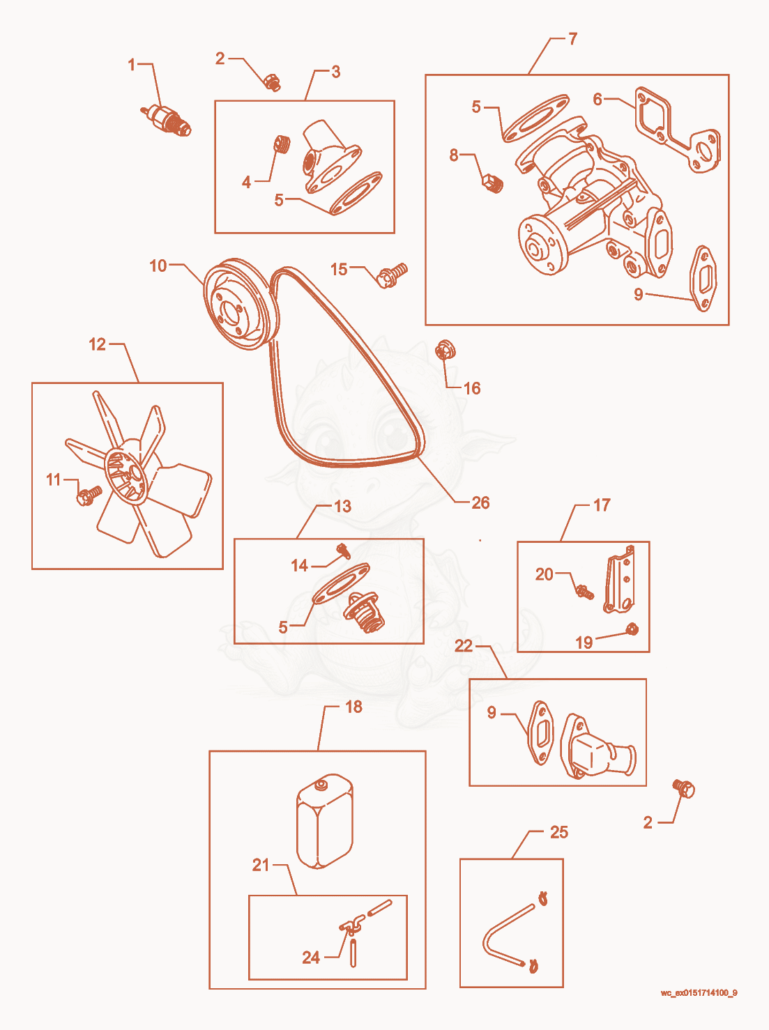Exploded parts diagram of the Water Pump of a Wacker Neuson CRT48-31V, with numbered balloons
