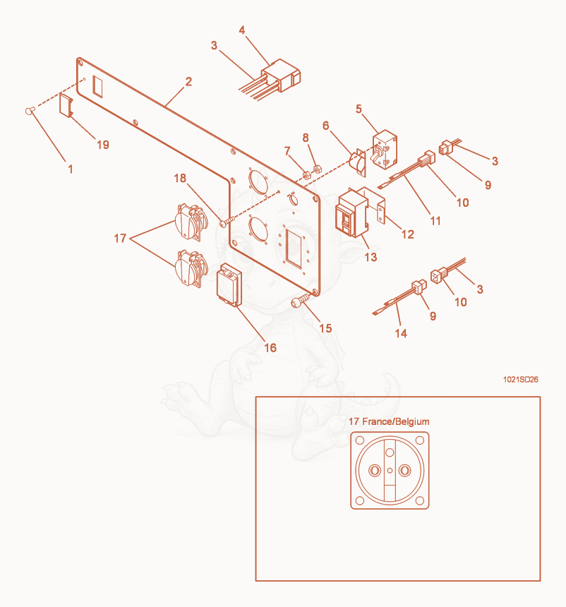 Exploded parts diagram of the Control Panel with Earth Leakage Circuit Breaker of a Wacker Neuson G3.3AE, with numbered balloons