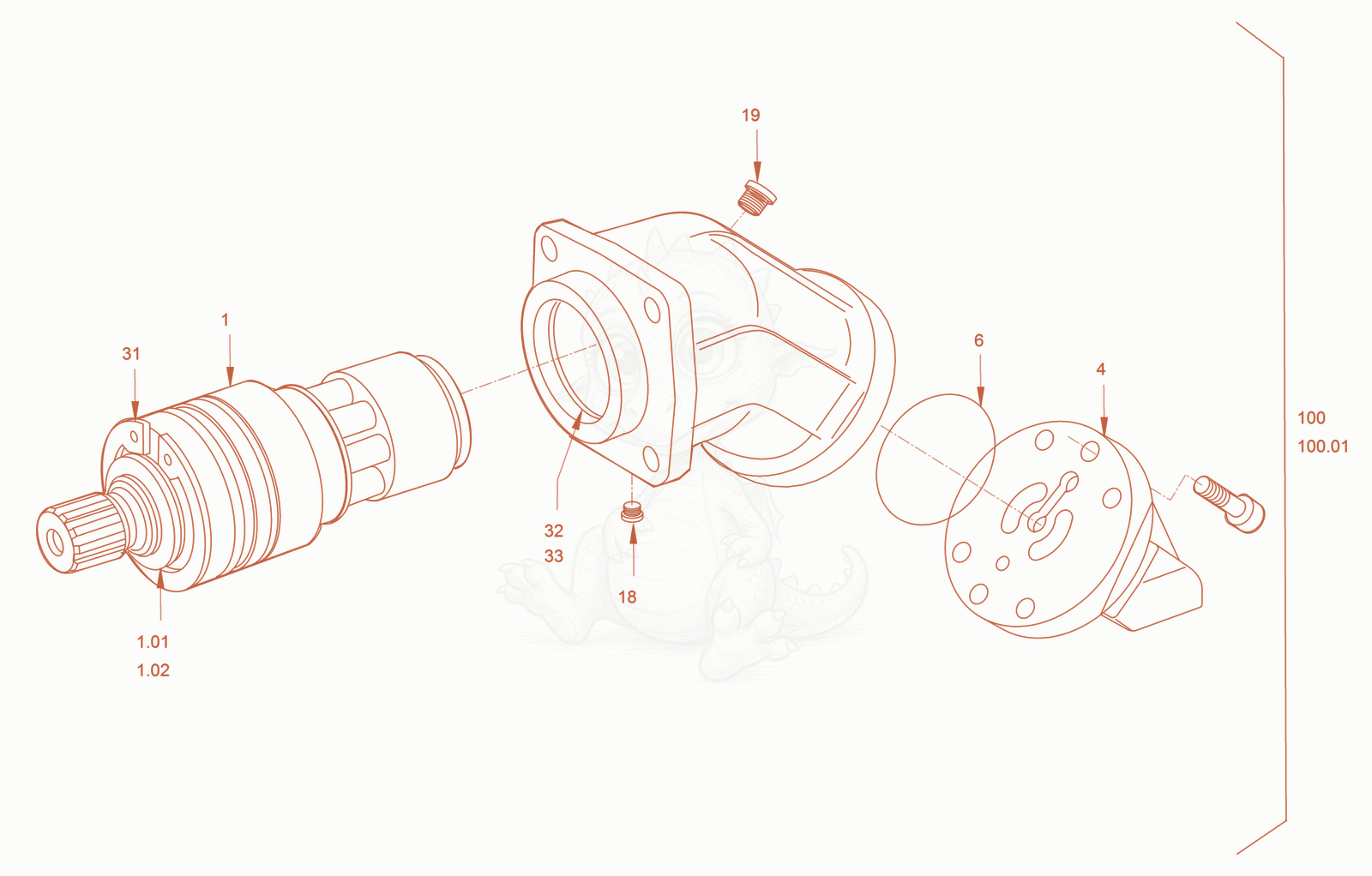 Exploded parts diagram of the Constant Motor (Vibration Drive) of a Wacker Neuson RC70P, with numbered balloons