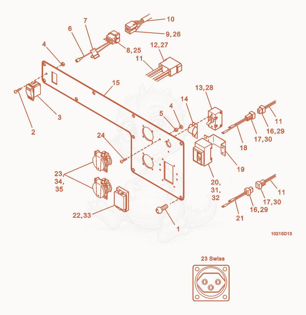 Exploded parts diagram of the Control Panel with Earth Leakage Circuit Breaker of a Wacker Neuson GS4.6AE, with numbered balloons