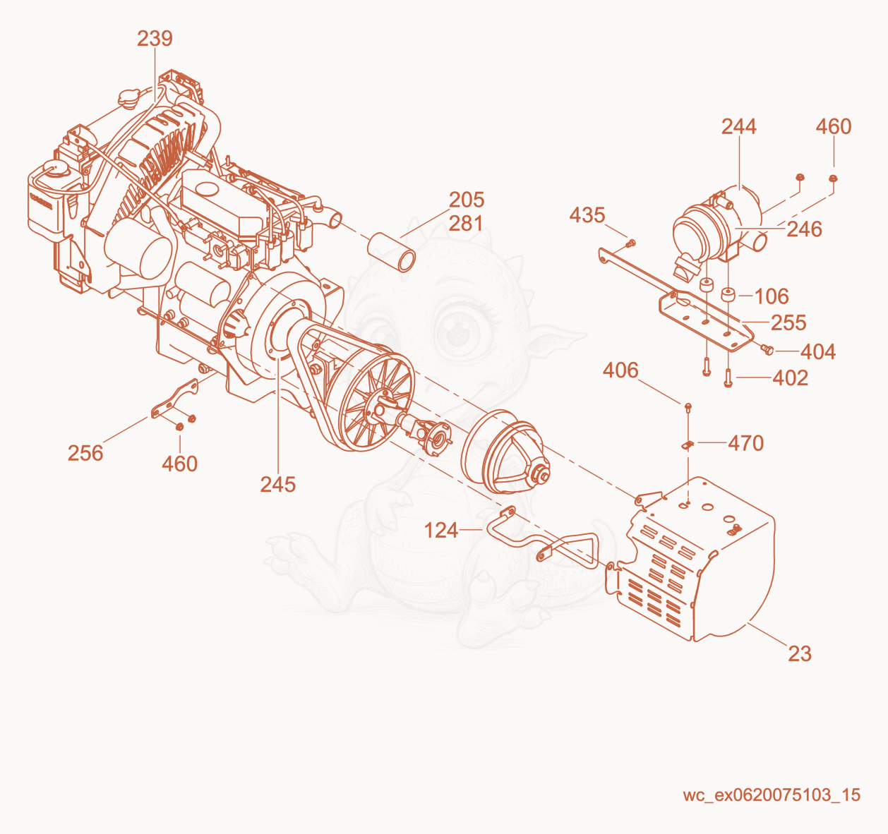 Exploded parts diagram of the Engine Compartment of a Wacker Neuson CRT48-34V, with numbered balloons