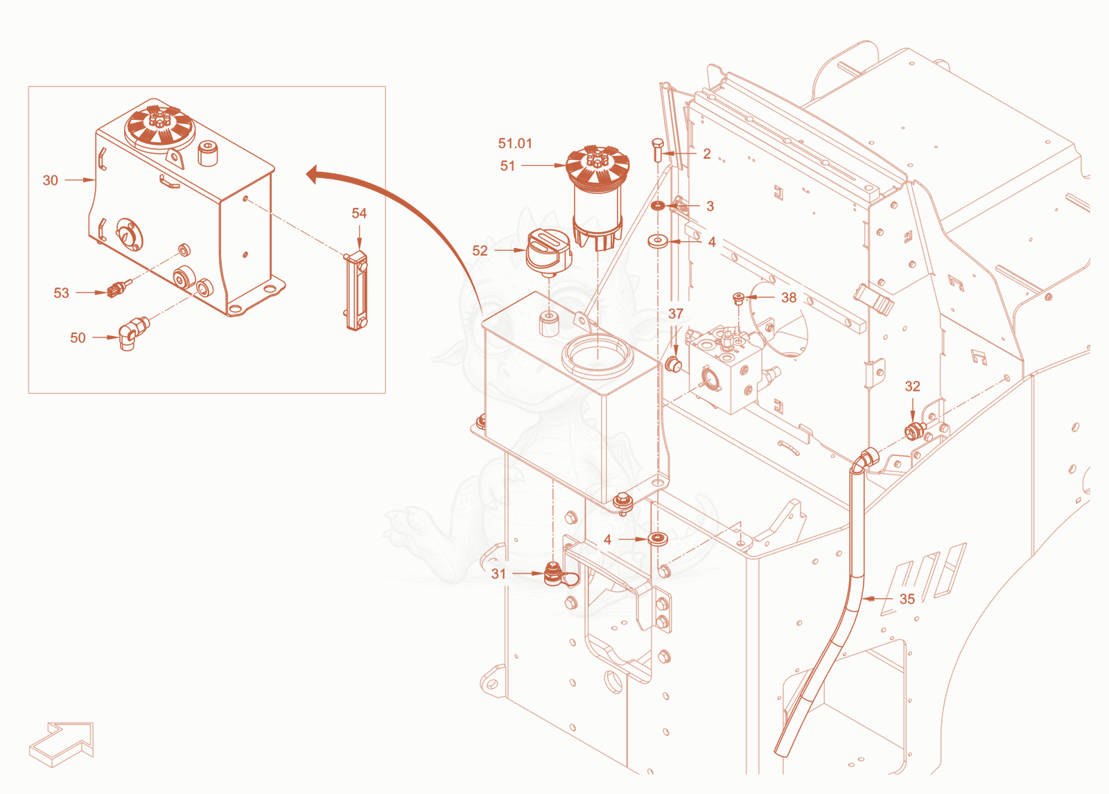 Exploded parts diagram of the hydraulic oil tank of a Wacker Neuson RD24-100CE, with numbered balloons