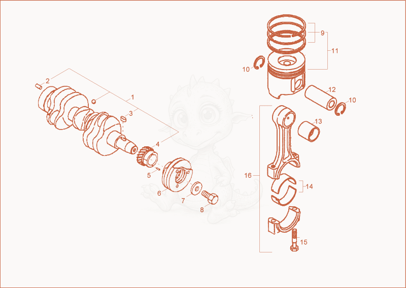 Despiece del crankshaft, piston de una máquina Wacker Neuson 3001, con globos numerados