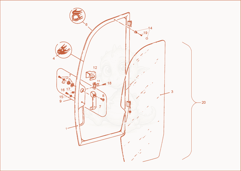 Exploded parts diagram of the door of a Wacker Neuson 1402PRIMUSFORCE, with numbered balloons