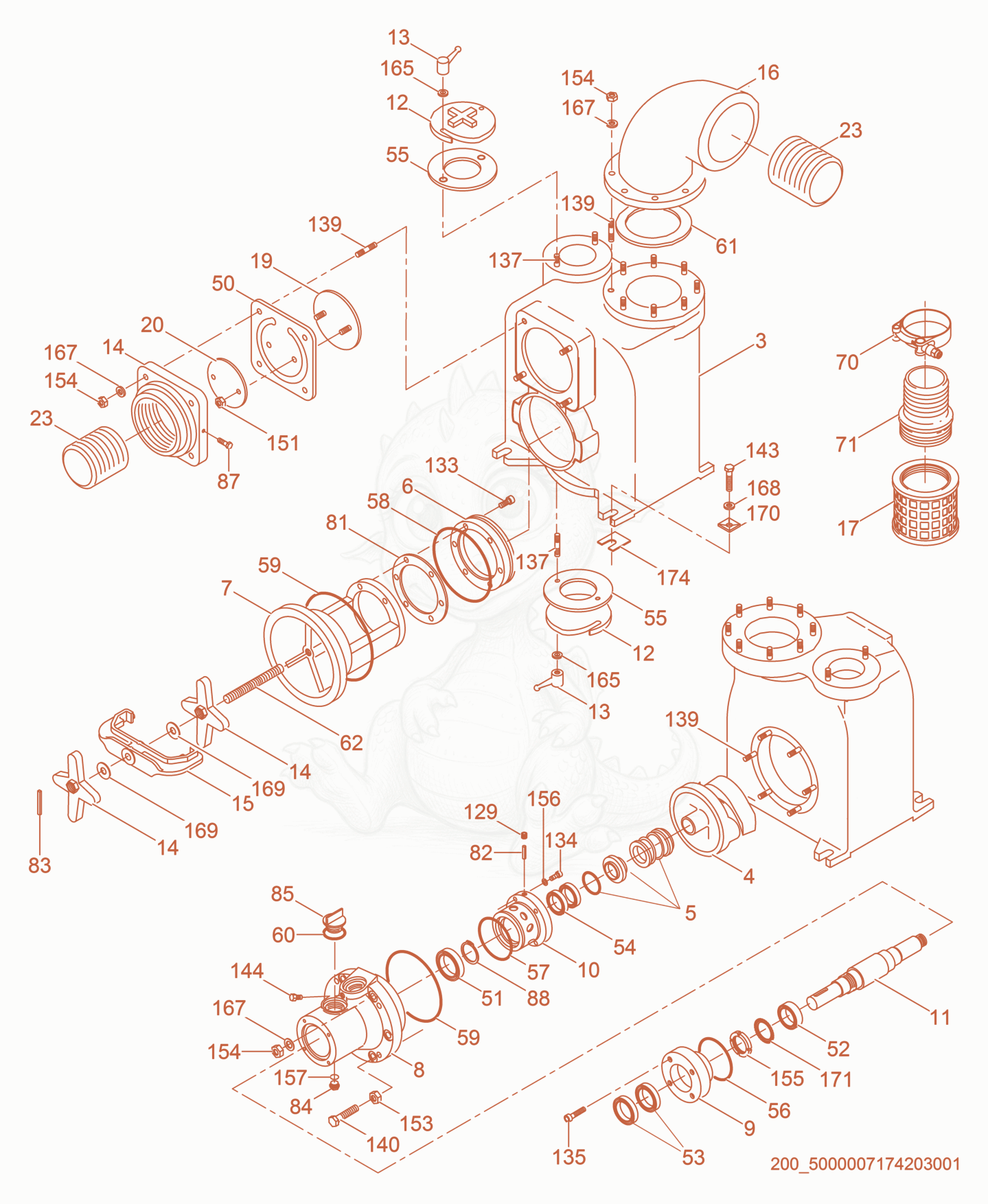 Exploded parts diagram of the Pump Components of a Wacker Neuson PT6LS, with numbered balloons