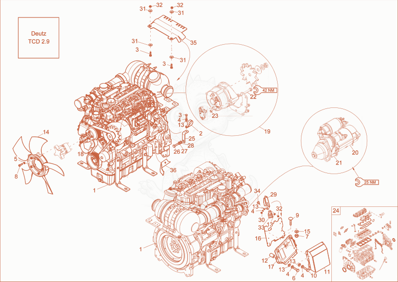 Despiece del diesel engine de una máquina Wacker Neuson DW50, con globos numerados