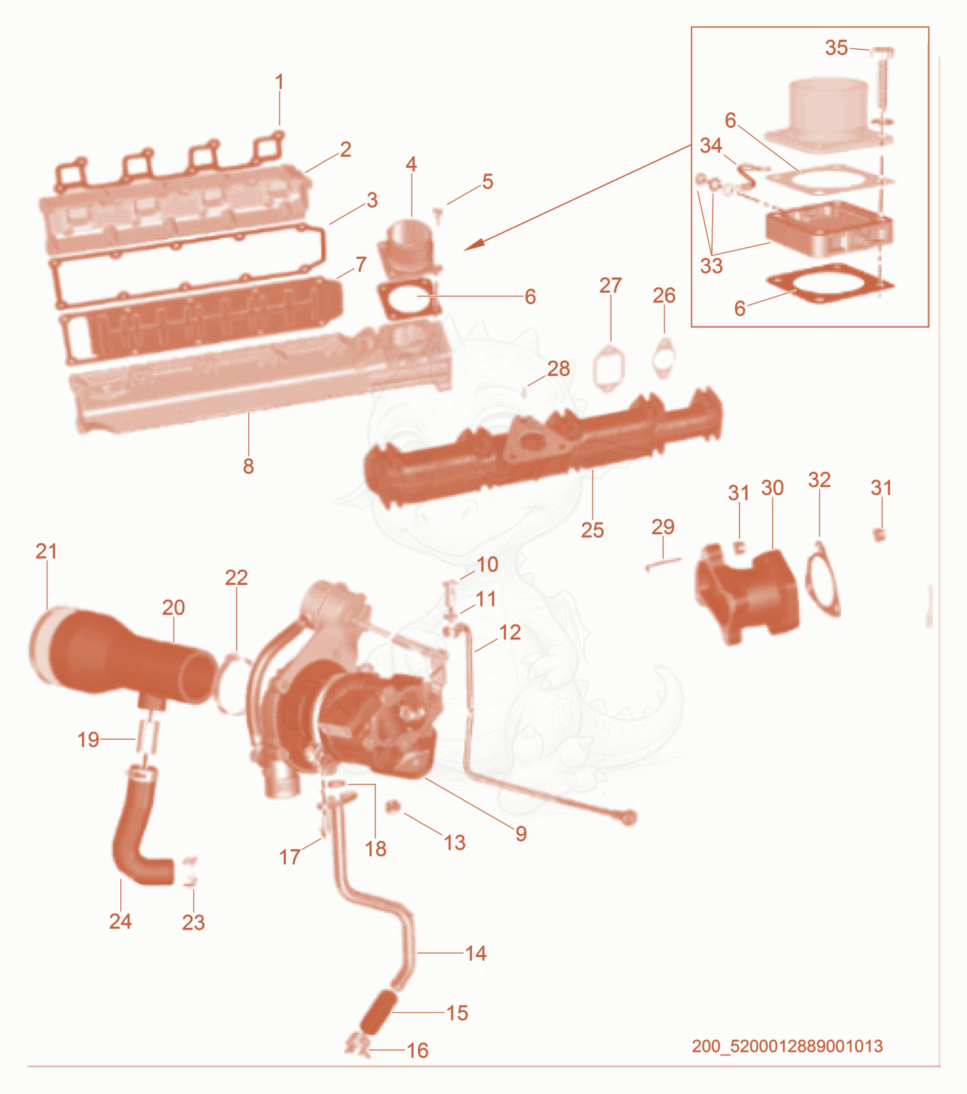 Despiece del Intake/Exhaust de una máquina Wacker Neuson CRT60-74L, con globos numerados