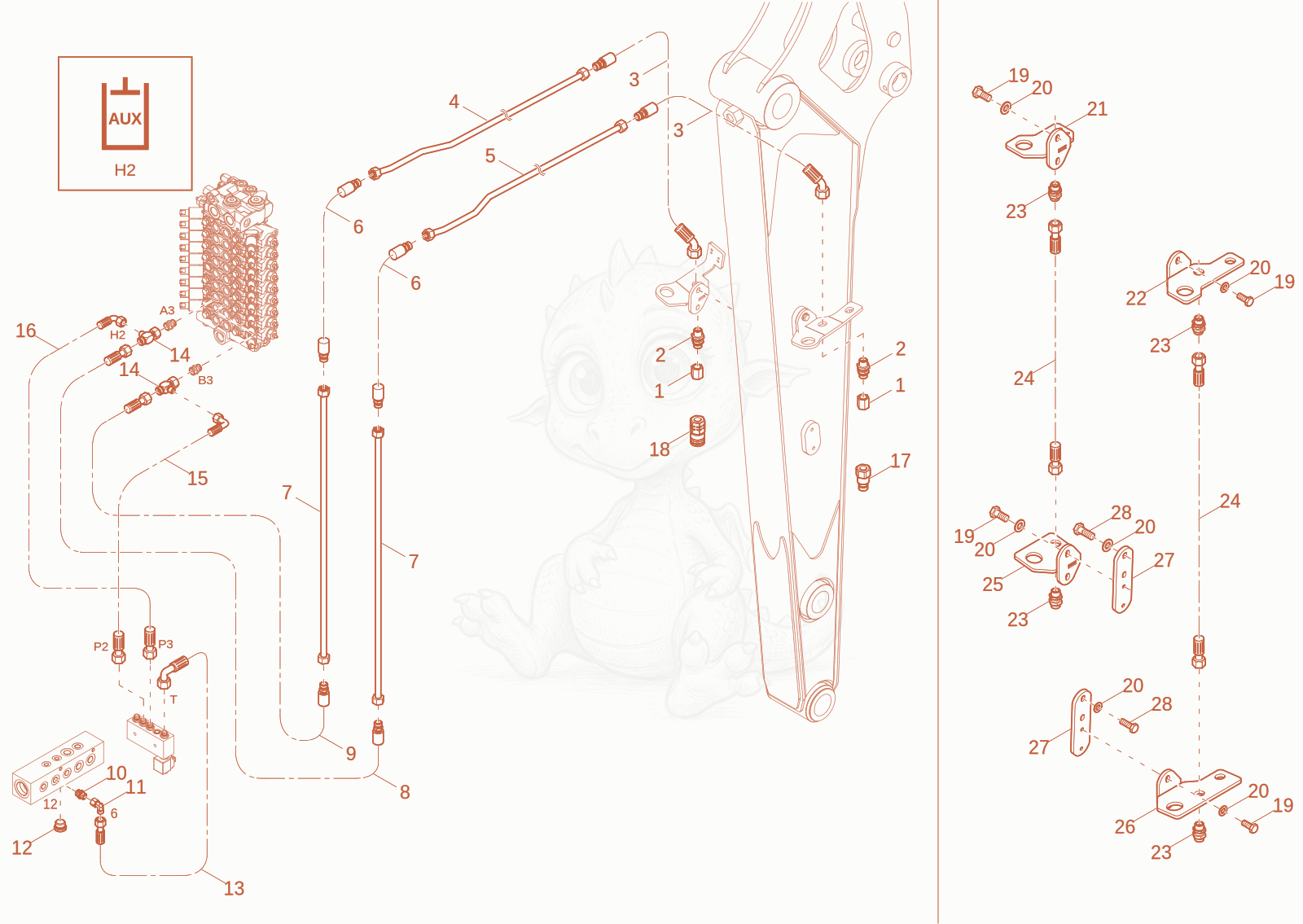 Exploded parts diagram of the control lever of a Wacker Neuson EW100-2, with numbered balloons