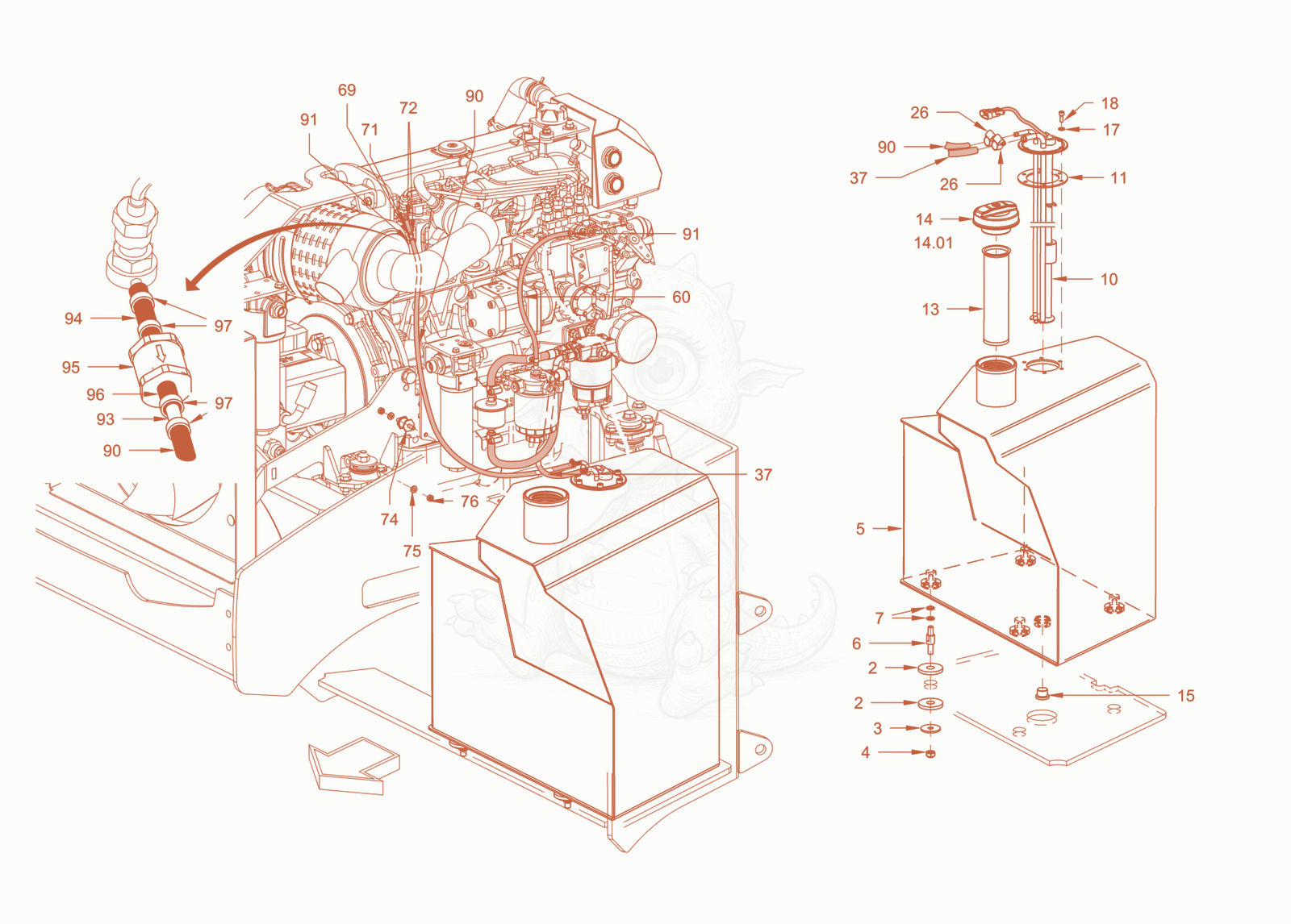 Exploded parts diagram of the fuel system of a Wacker Neuson RD45-140.3, with numbered balloons